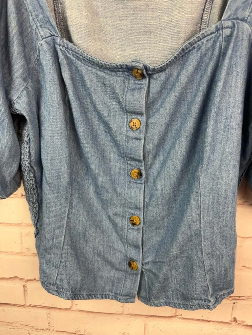 Old Navy Light Blue Denim Puff Sleeve Button Front Top